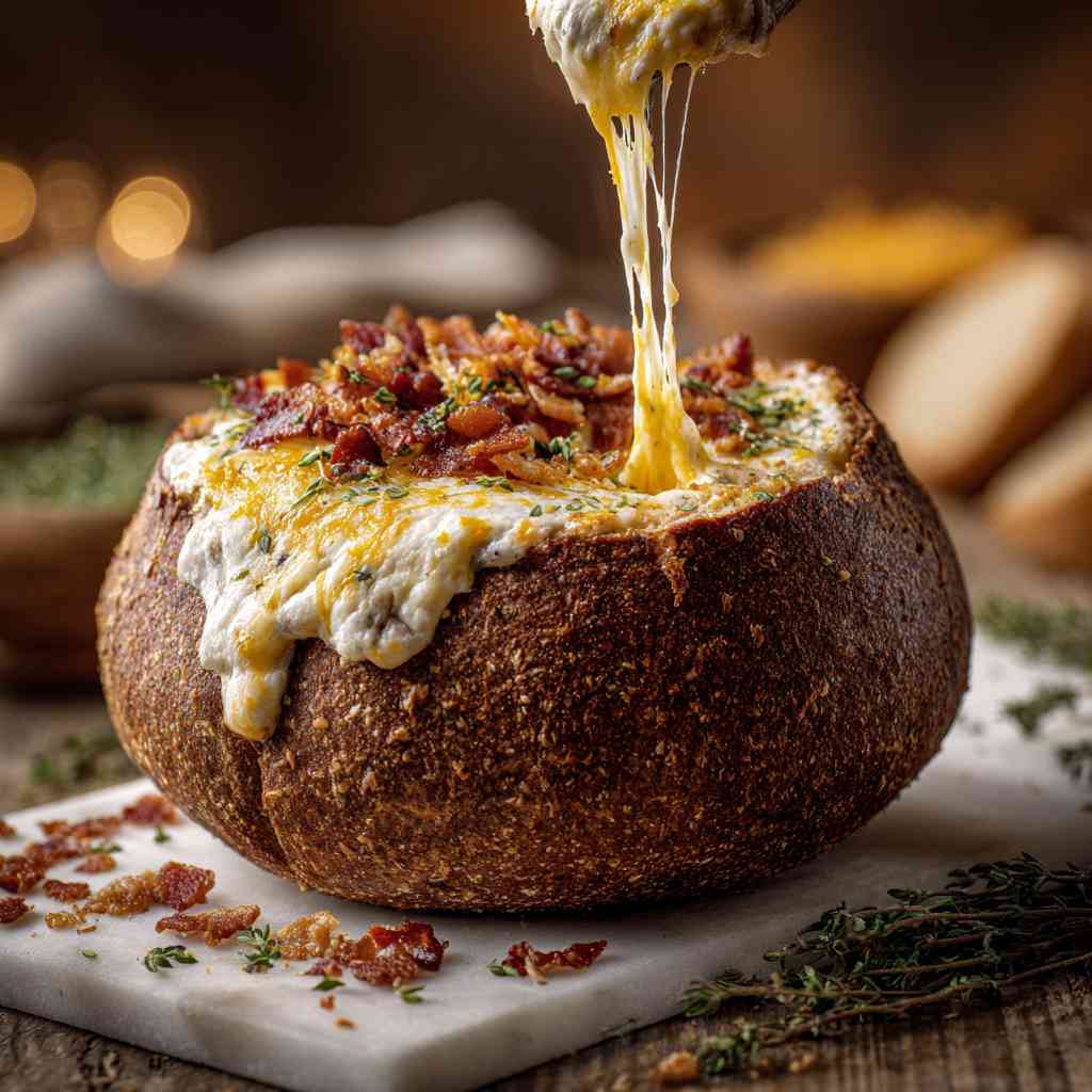 Creamy Beer Cheese Dip in a Pumpernickel Bread Bowl
