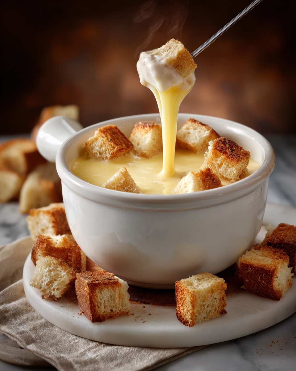 Creamy Beer Cheese Fondue with Toasted Bread Cubes