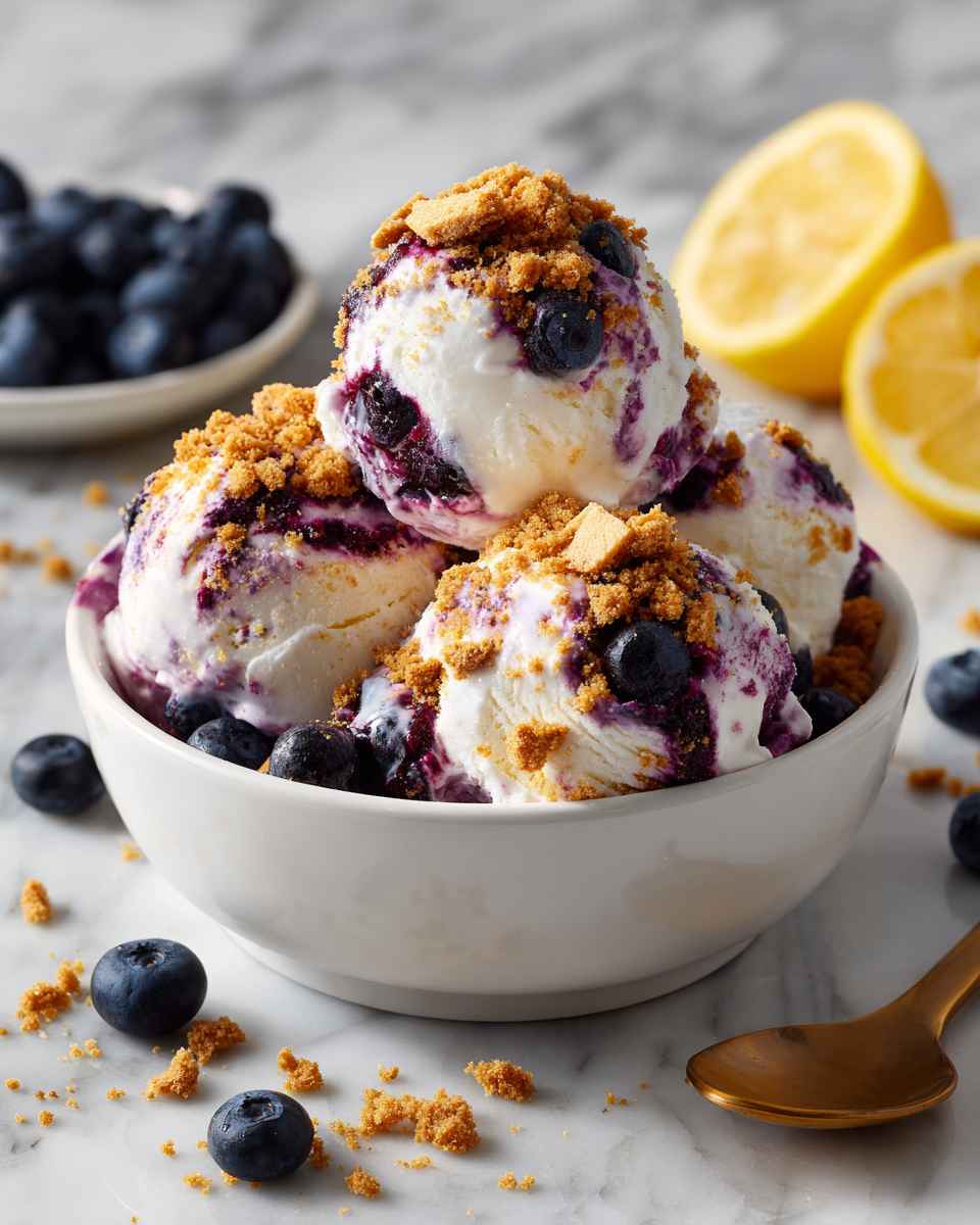 Creamy Blueberry Cheesecake Ice Cream with Graham Cracker Crust