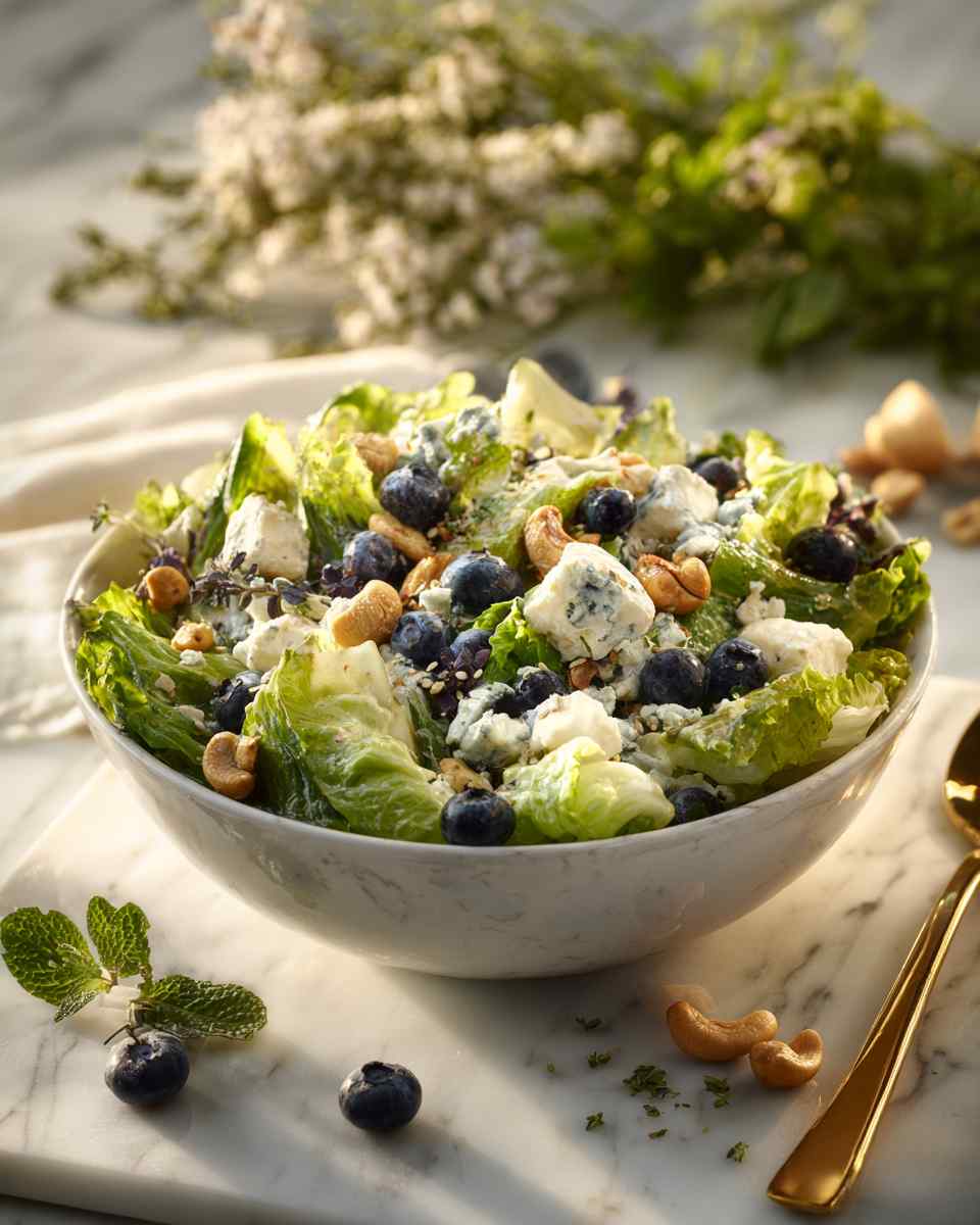 Creamy Blueberry Romaine Salad with Cashews and Swiss Cheese