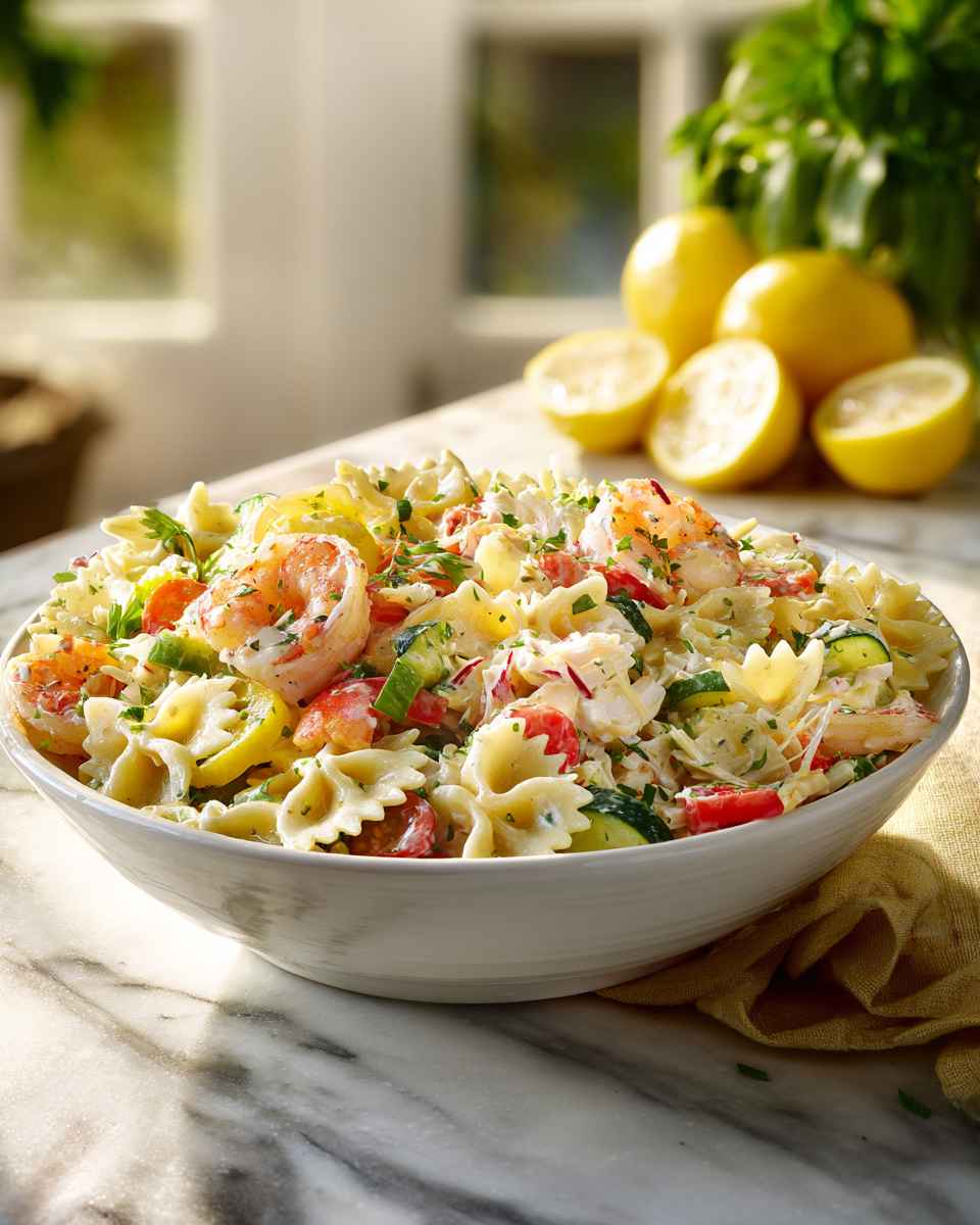 Creamy Bow Tie Pasta Salad with Shrimp and Crab