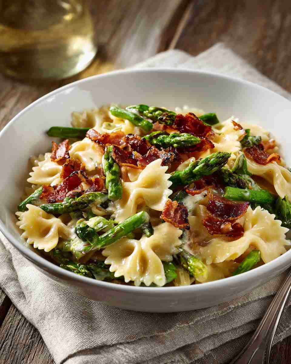 Creamy Bow Tie Pasta with Roasted Asparagus and Crispy Prosciutto