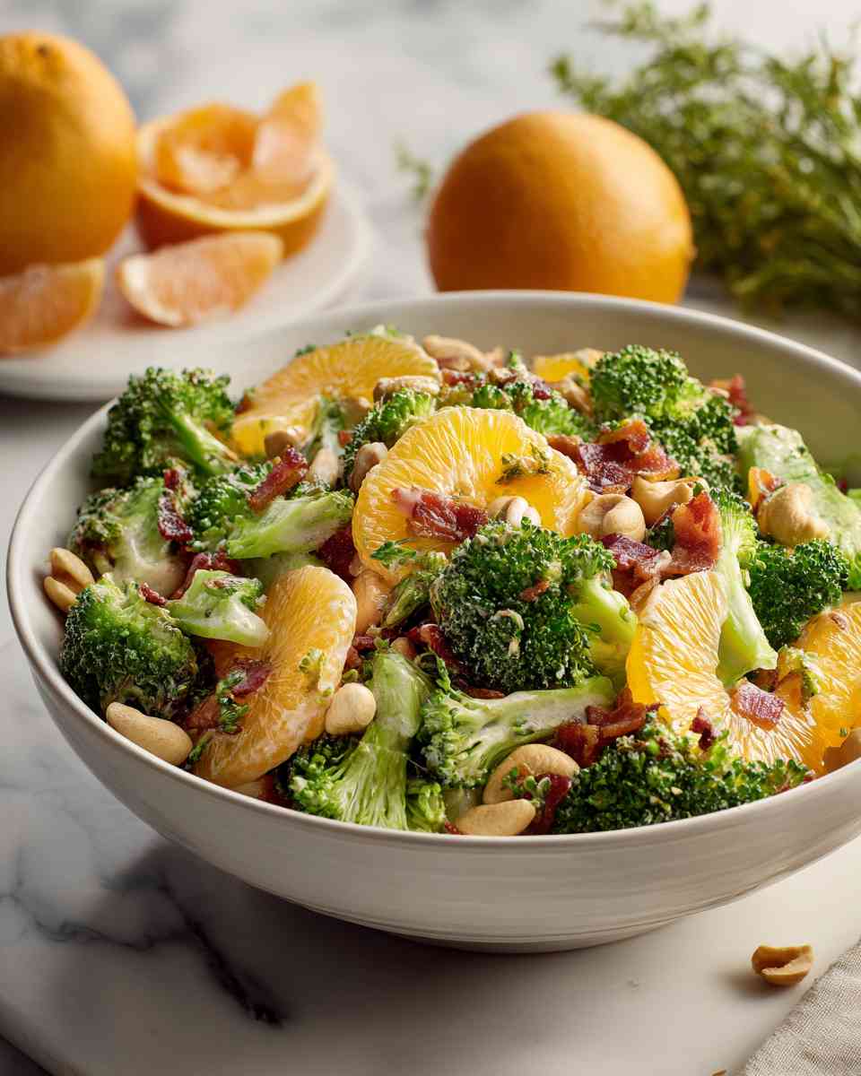Creamy Broccoli and Orange Salad with Bacon and Cashews