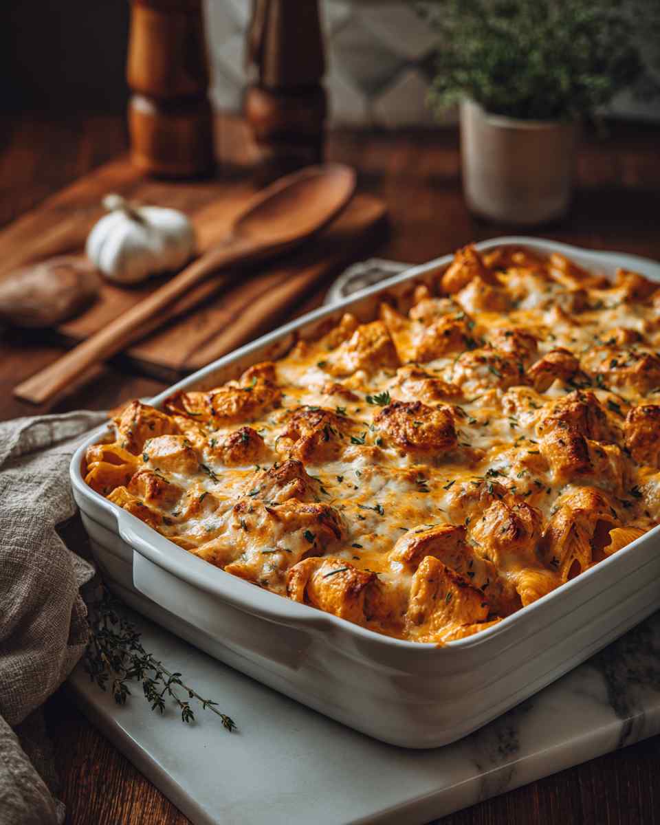 Creamy Buffalo Chicken Pasta Bake