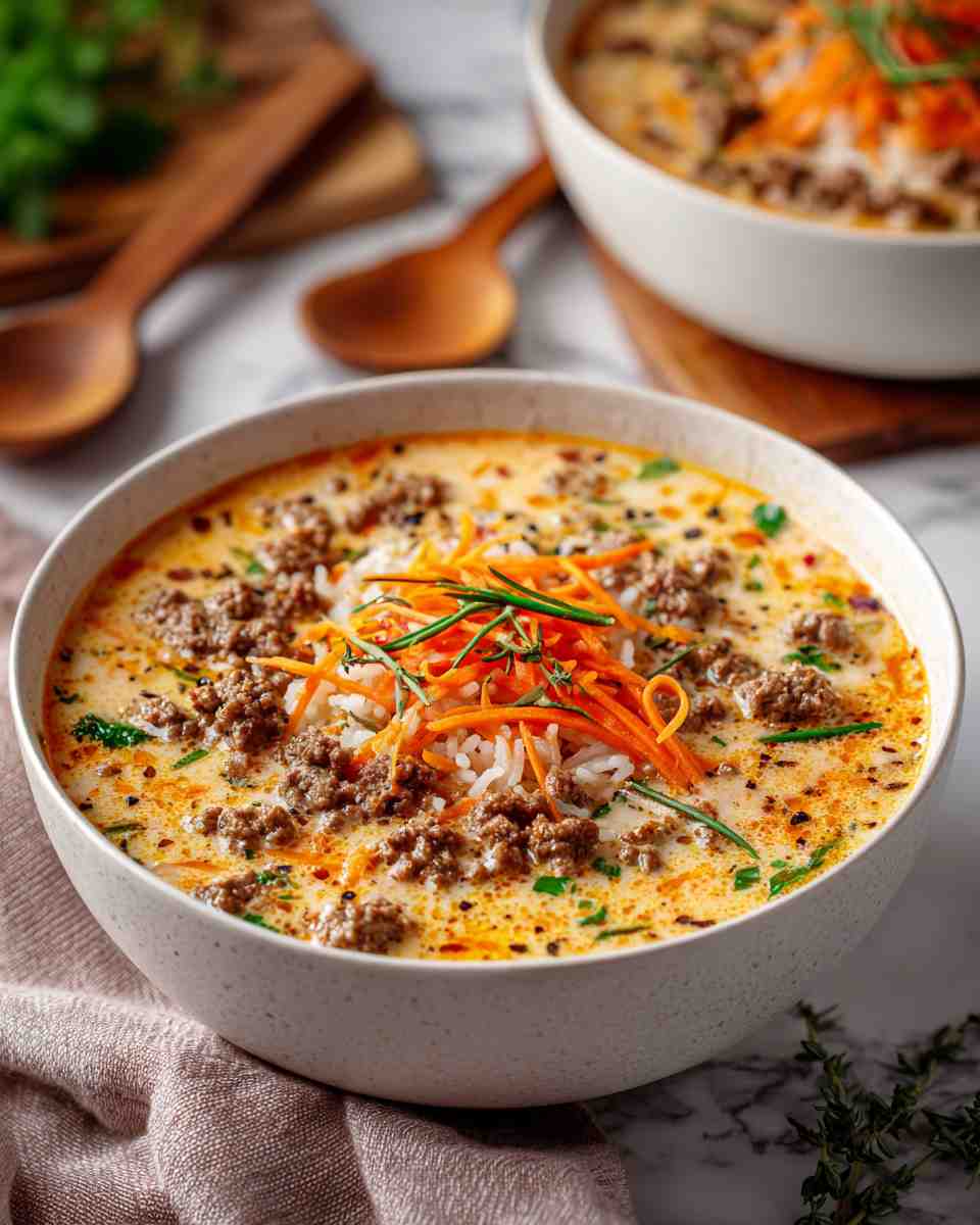 Creamy Cheeseburger Soup with Ground Beef and Rice