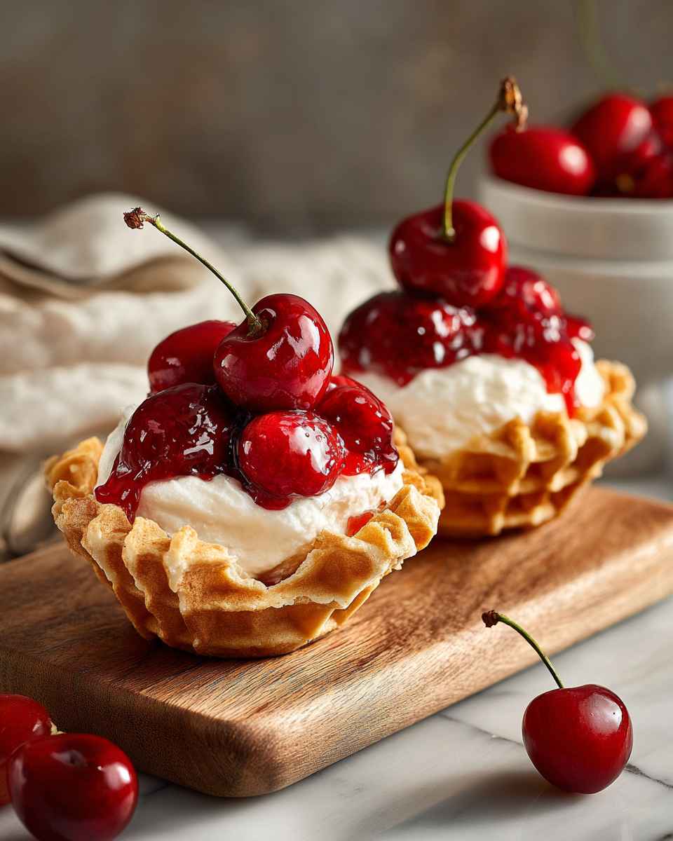 Creamy Cheesecake Waffle Cups with Cherry Topping