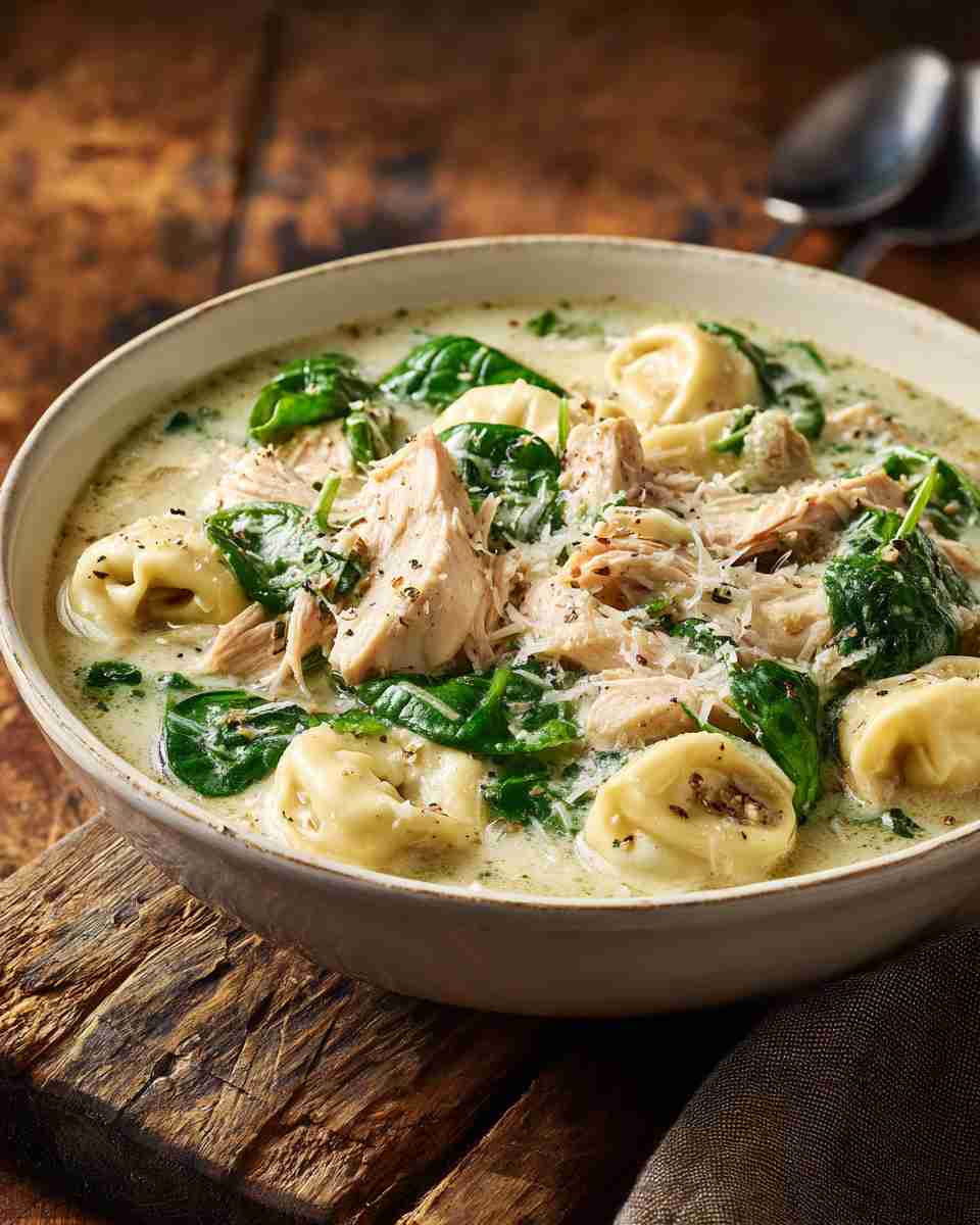 Creamy Chicken and Tortellini Soup with Spinach