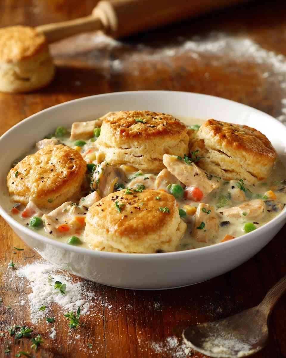 Creamy Chicken and Vegetable Pot Pie with Flaky Biscuits
