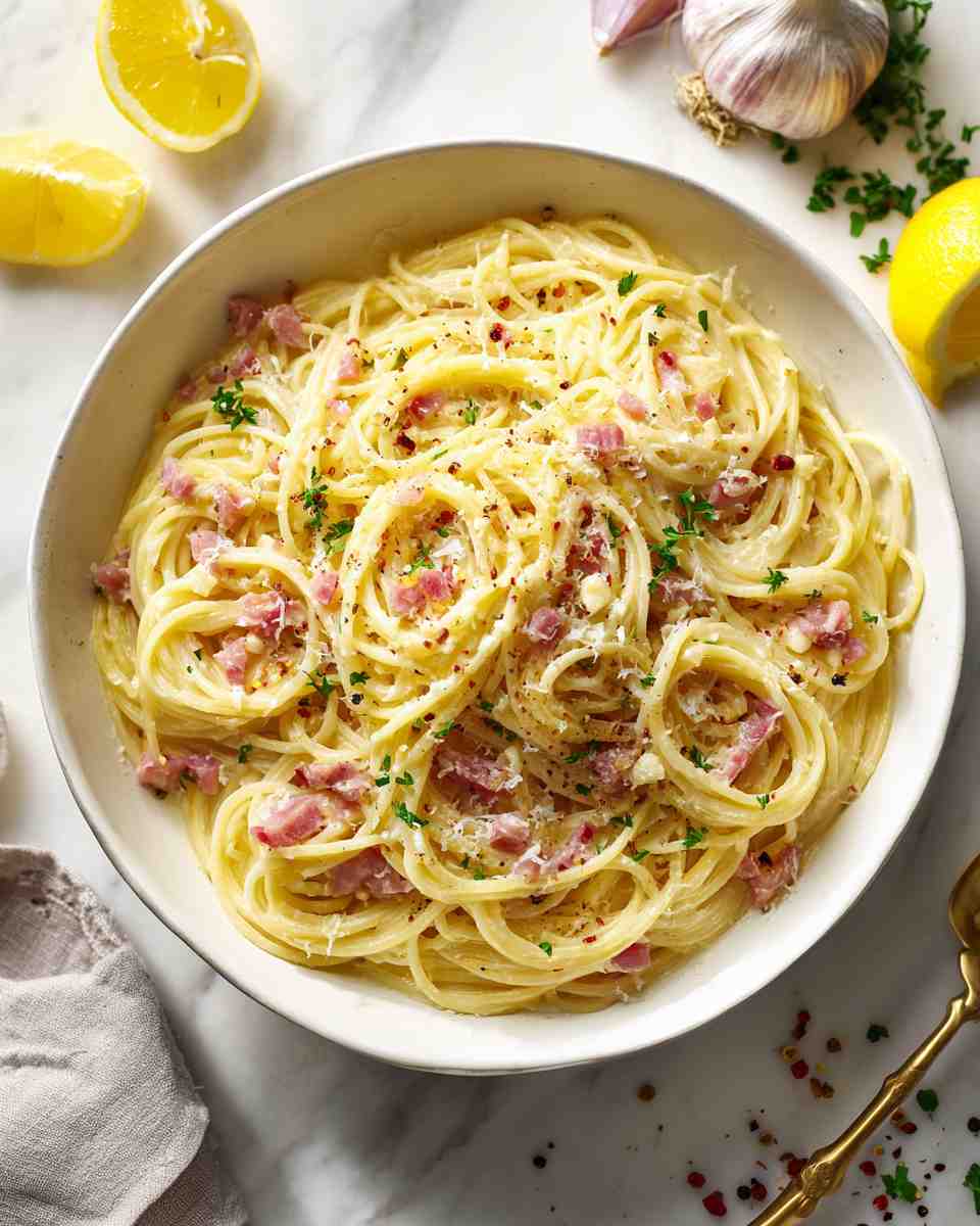 Creamy Garlic Angel Hair Alfredo with Optional Ham