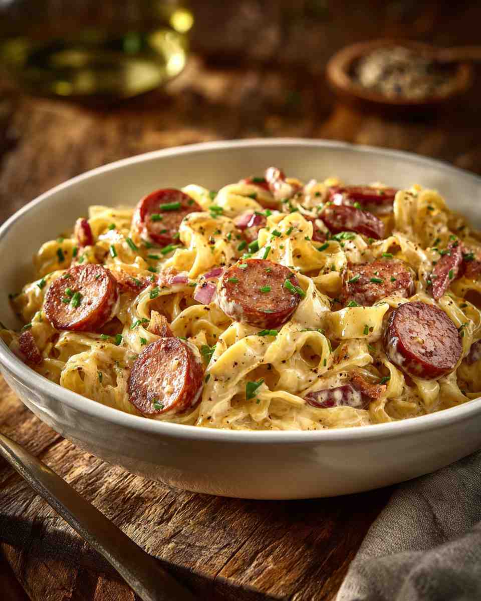Creamy Kielbasa and Noodle Skillet