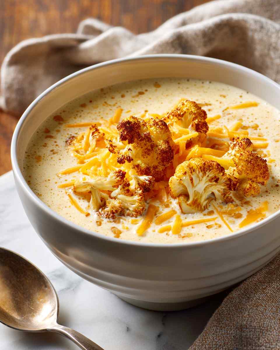 Creamy Roasted Cauliflower Soup with Cheddar