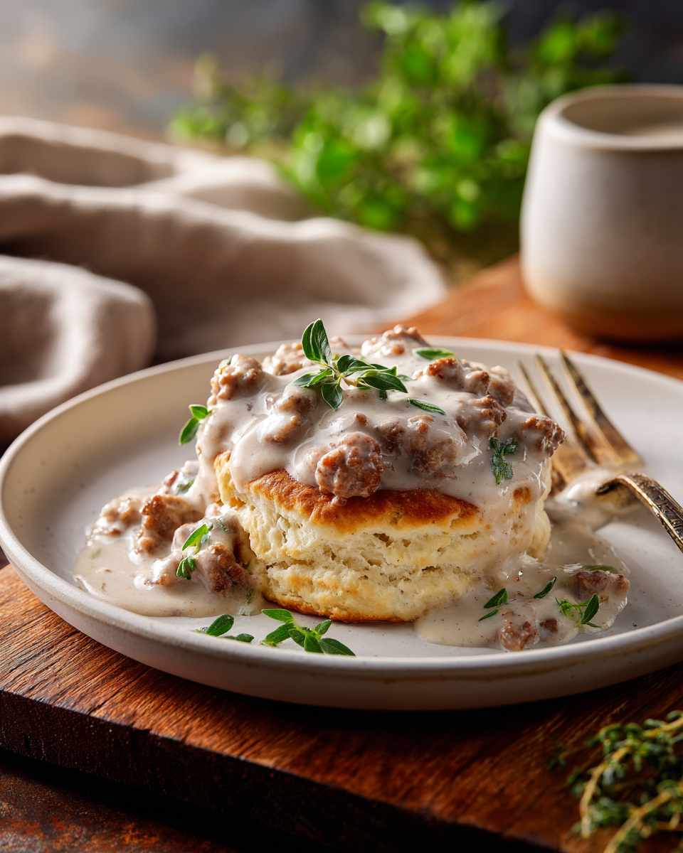 Creamy Sausage Gravy over Flaky Biscuits