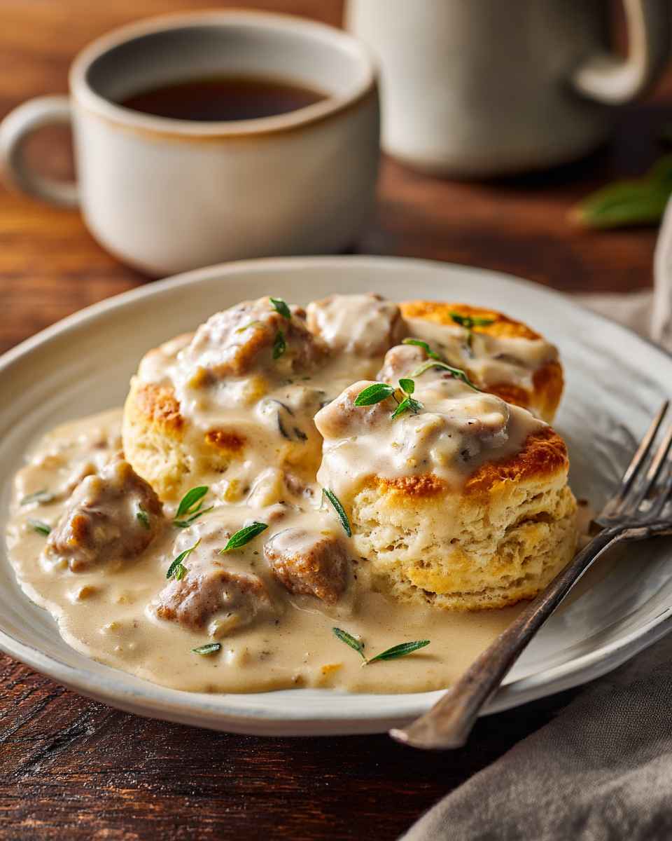 Creamy Sausage Gravy with Flaky Biscuits
