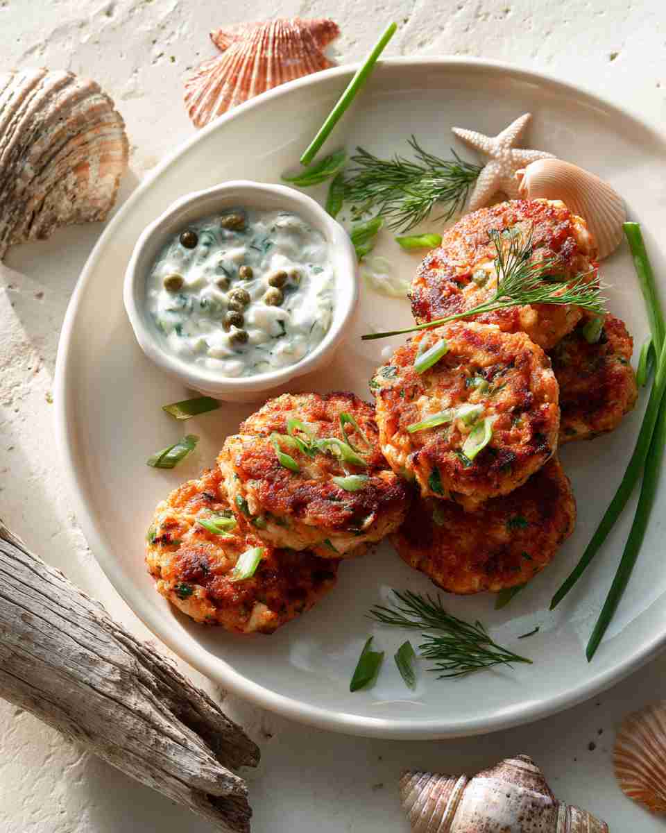 Crispy Baked Salmon Cakes with Zesty Caper Dill Sauce
