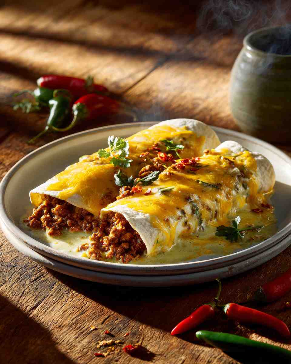 Crispy Beef and Cheese Enchiladas with Creamy Green Chile Sauce