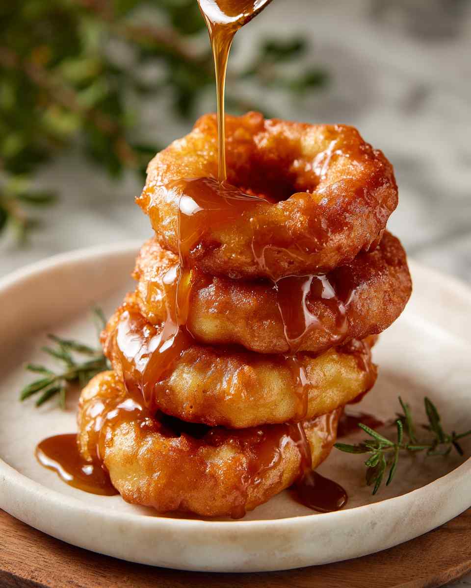 Crispy Fried Apple Fritter Rings with Caramel Drizzle