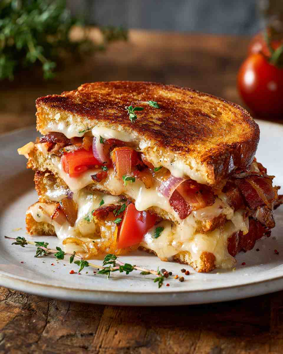 Crispy Sourdough Grilled Cheese with Bacon, Tomato, and Onion