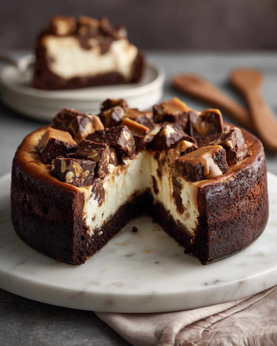 Decadent Baked Brownie Cheesecake with Snickers