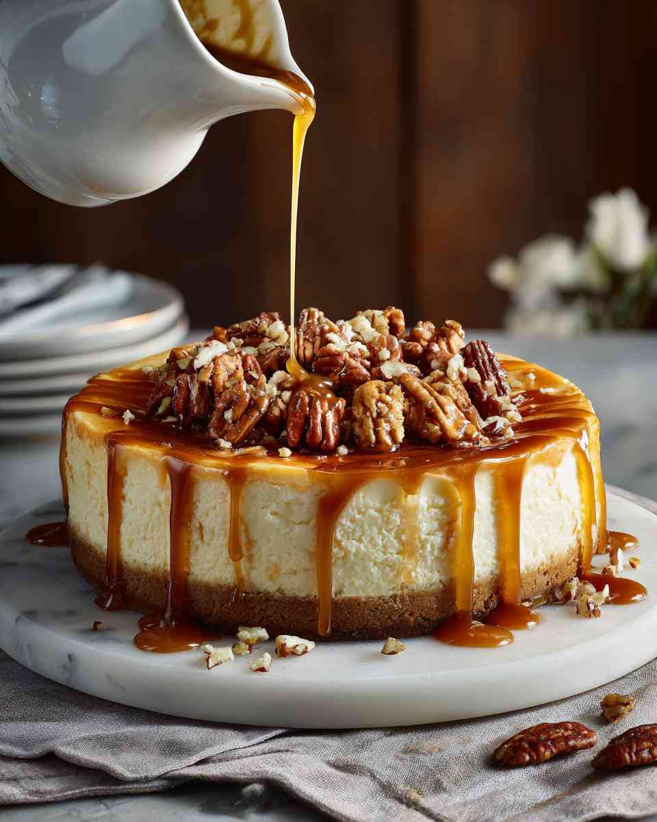 Decadent Baked Caramel Praline Cheesecake