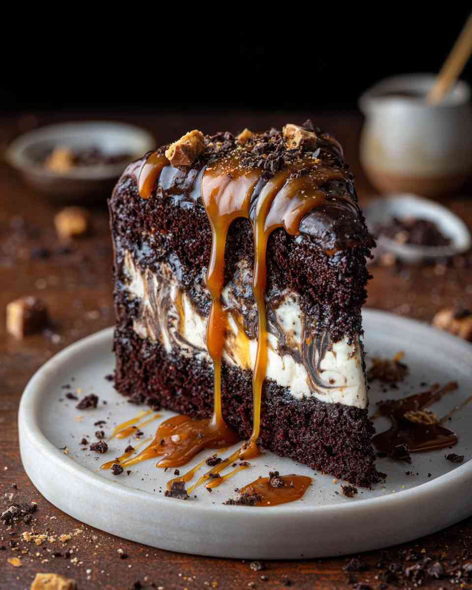 Decadent Chocolate Cake with Caramel and Fudge Swirls