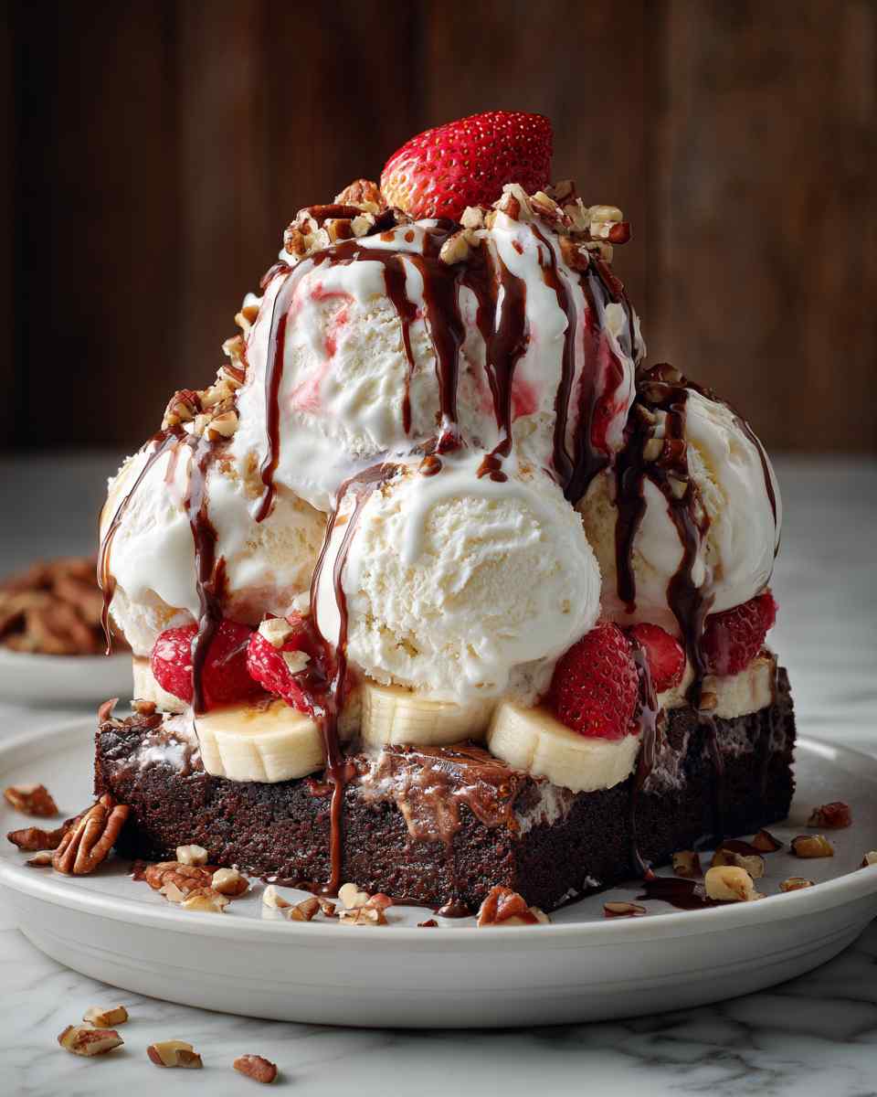 Decadent Fudgy Brownie Banana Split Cake