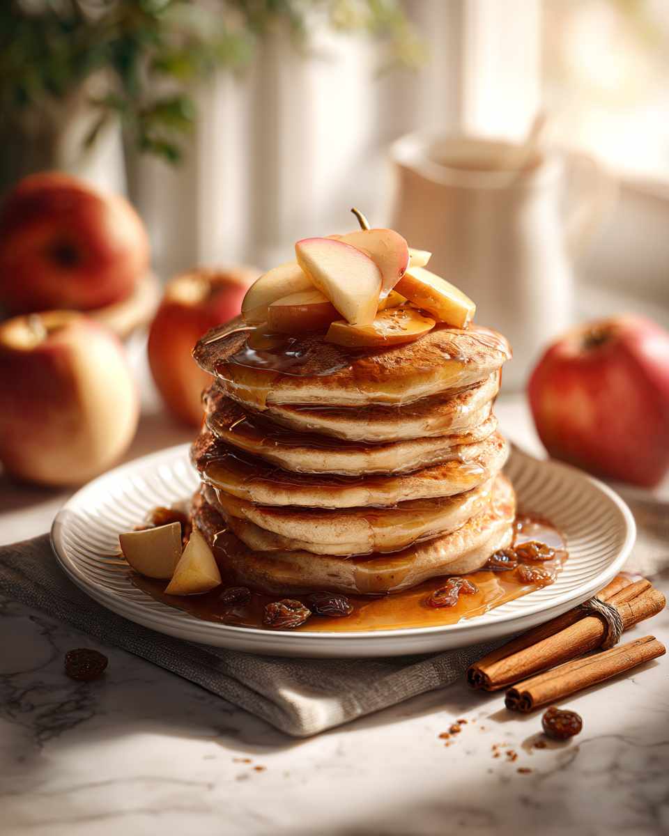 Fluffy Apple Cinnamon Pancakes with Warm Cider Syrup