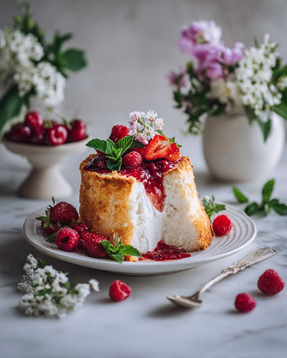 Fluffy Baked Angel Food Cake with Fresh Berry Compote