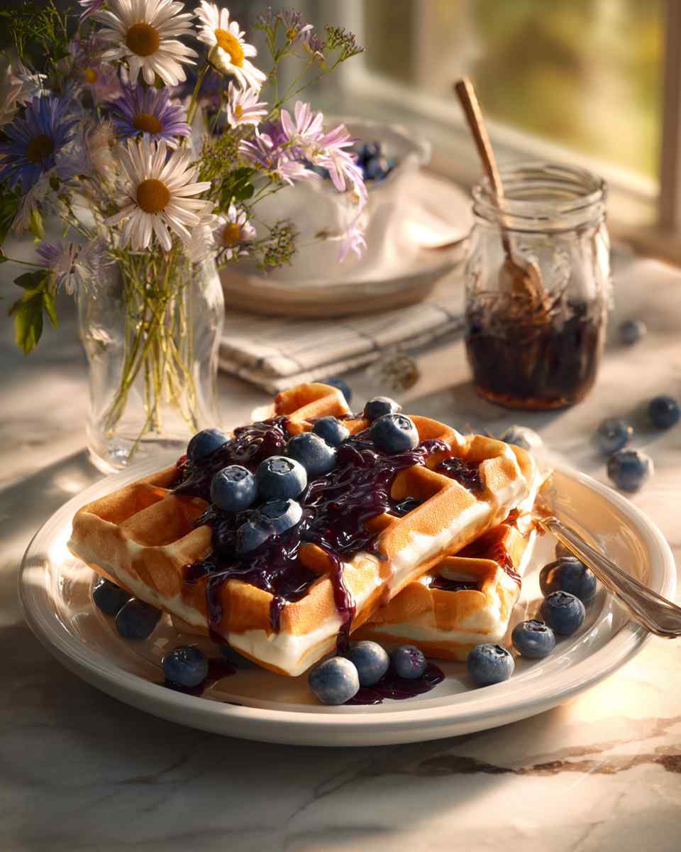 Fluffy Blueberry Buttermilk Waffles with Blueberry Compote