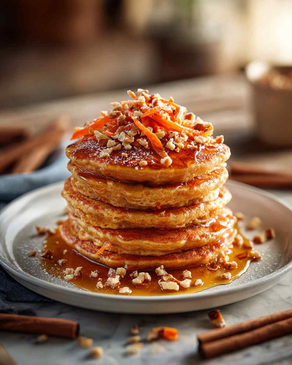 Fluffy Carrot Cake Pancakes with Spiced Maple Syrup