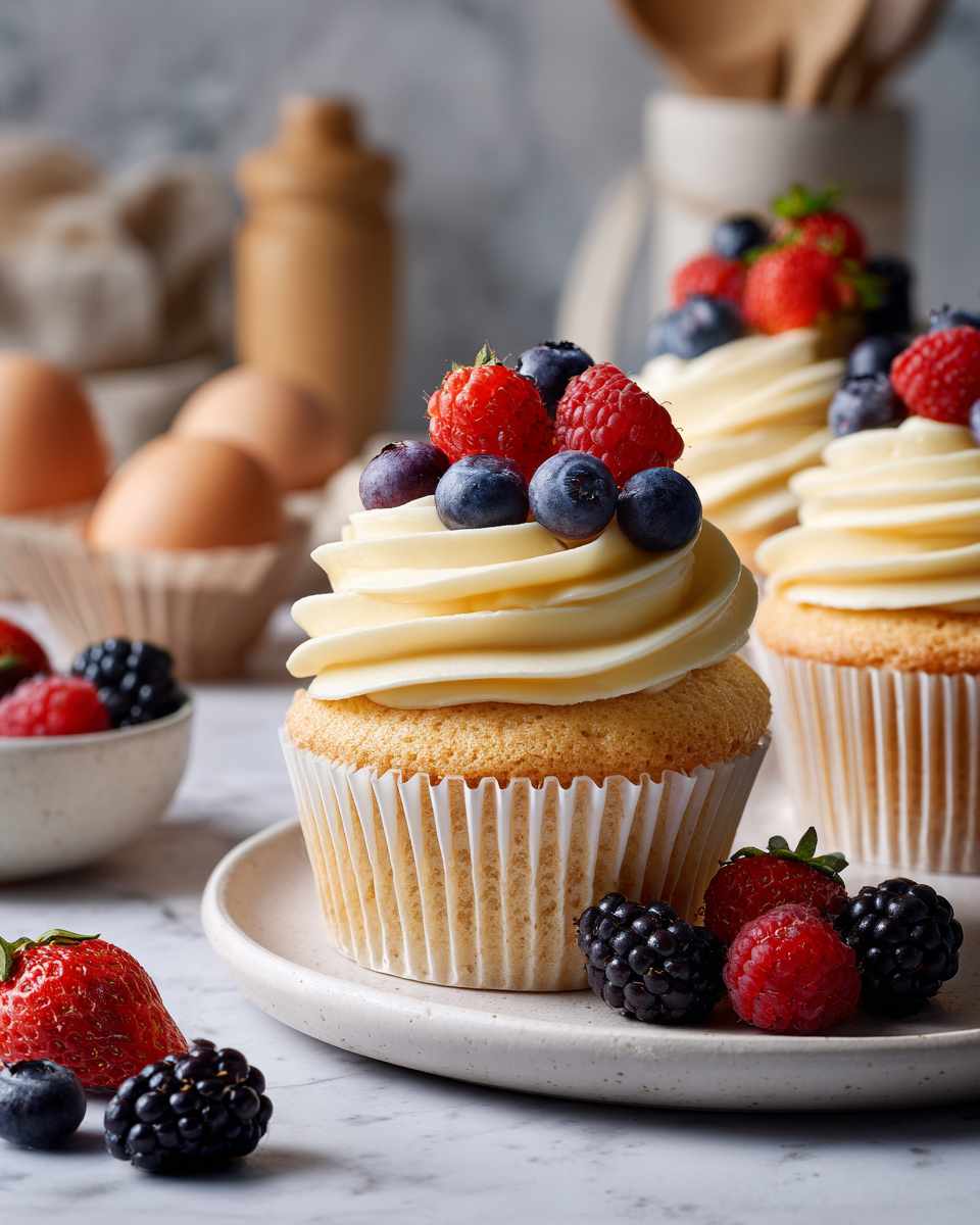 Fluffy Vanilla Cupcakes with Creamy Lemon Frosting and Fresh Berries