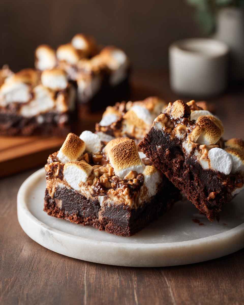 Fudgy Brownie Mallow Bars with Peanut Butter Crunch Topping
