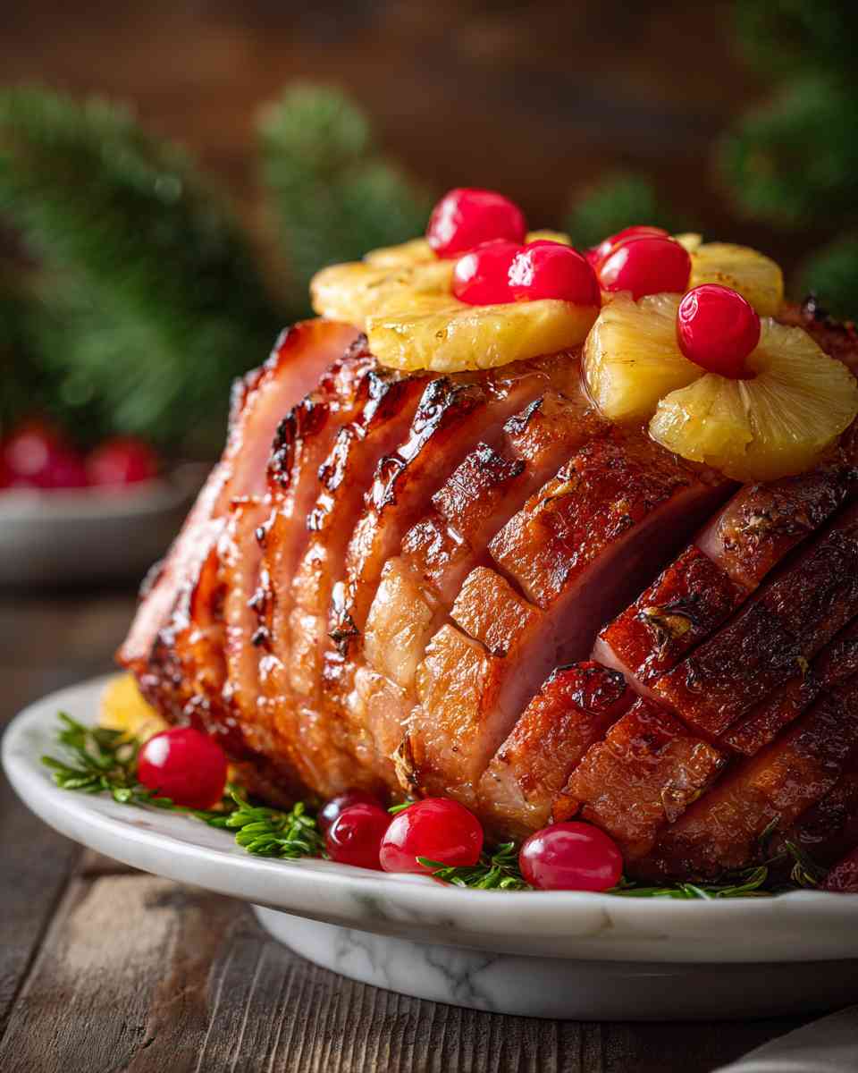 Glazed Baked Ham with Pineapple and Cherries