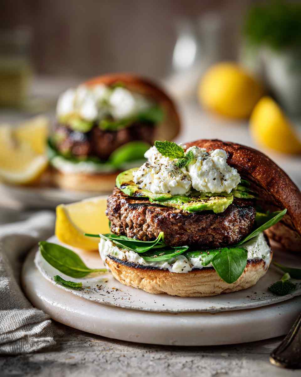 Grilled Basil Beef Burgers with Avocado and Cream Cheese