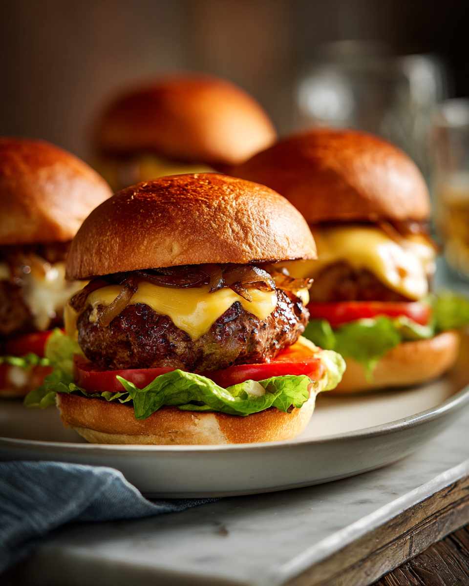 Grilled Beef and Onion Burgers with Cheese and Fixings