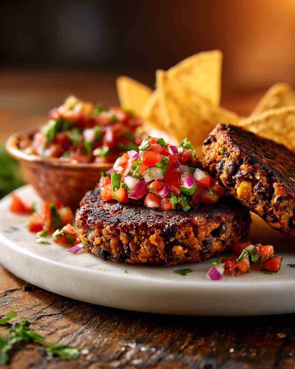 Grilled Black Bean and Quinoa Burgers with Salsa and Tortilla Chips