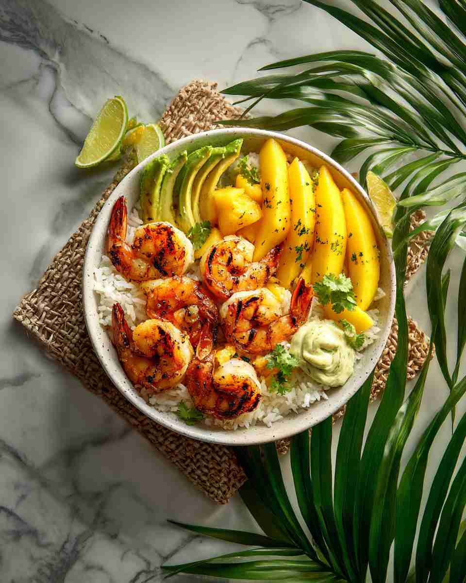 Grilled Caribbean Shrimp and Tropical Fruit Rice Bowl