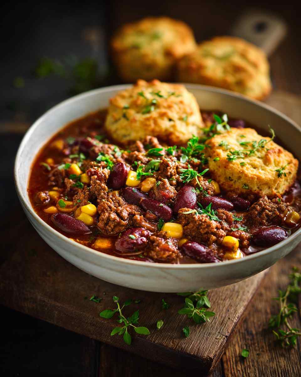 Hearty Baked Beef and Bean Chili with Cornbread Biscuits