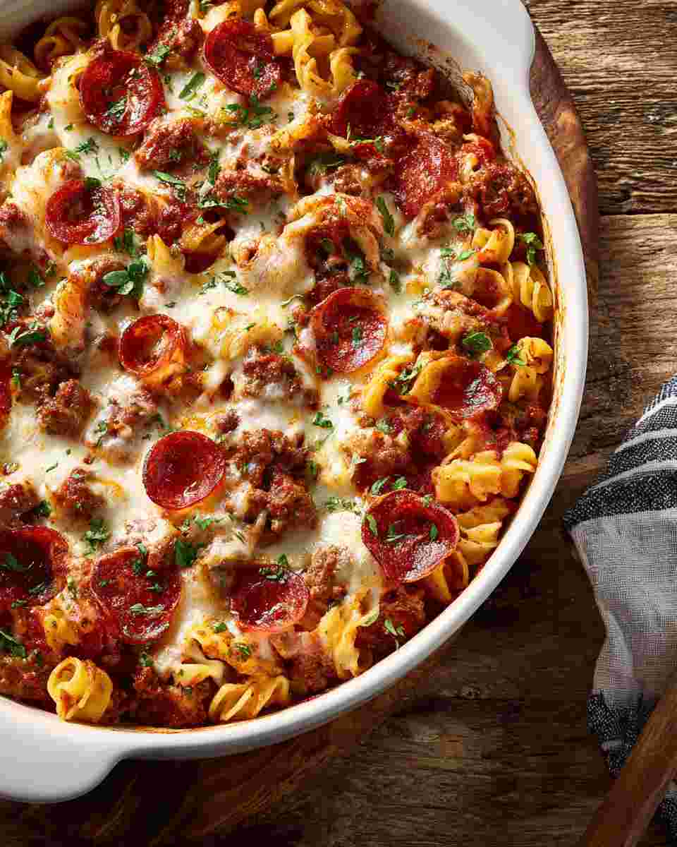 Hearty Baked Cavatini with Beef, Pepperoni, and Cheese