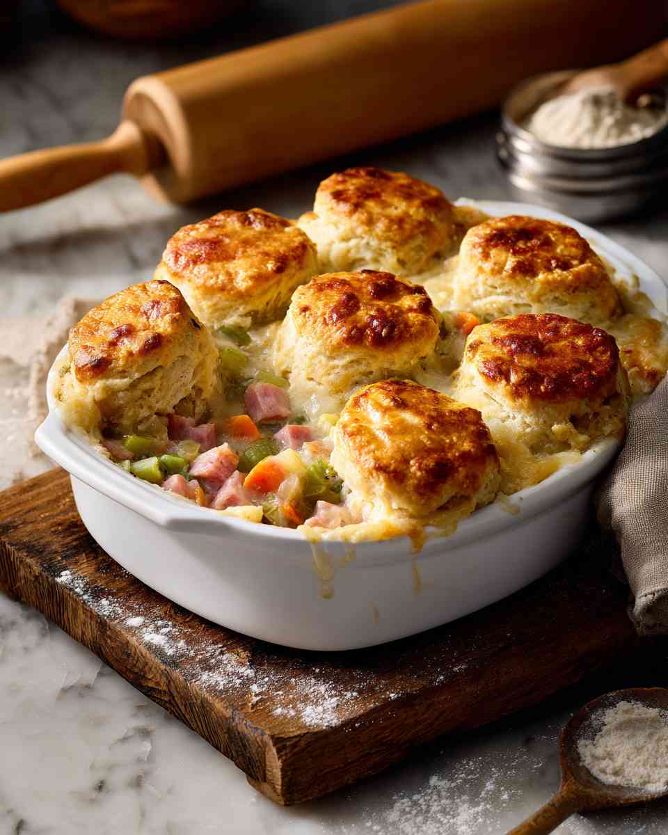 Hearty Baked Ham and Vegetable Potpie with Buttermilk Biscuits