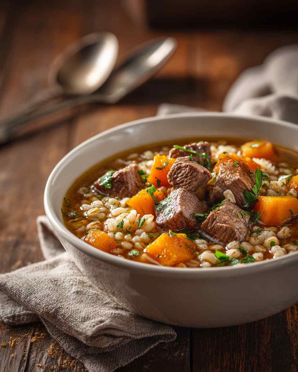 Hearty Beef and Barley Soup with Roasted Vegetables