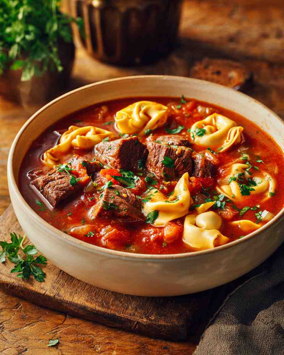 Hearty Beef and Tortellini Tomato Soup