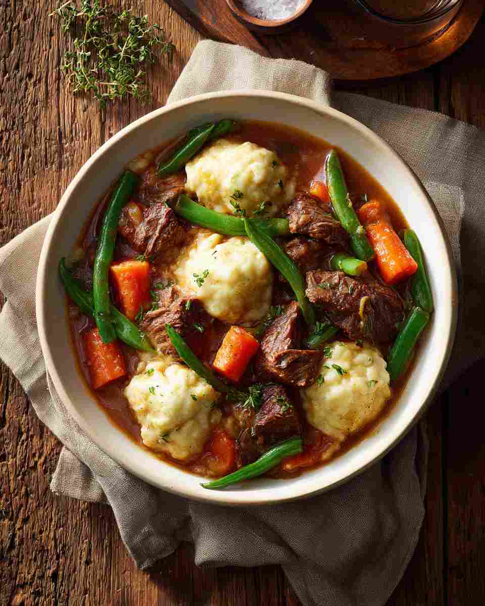 Hearty Beef and Vegetable Stew with Cheesy Dumplings