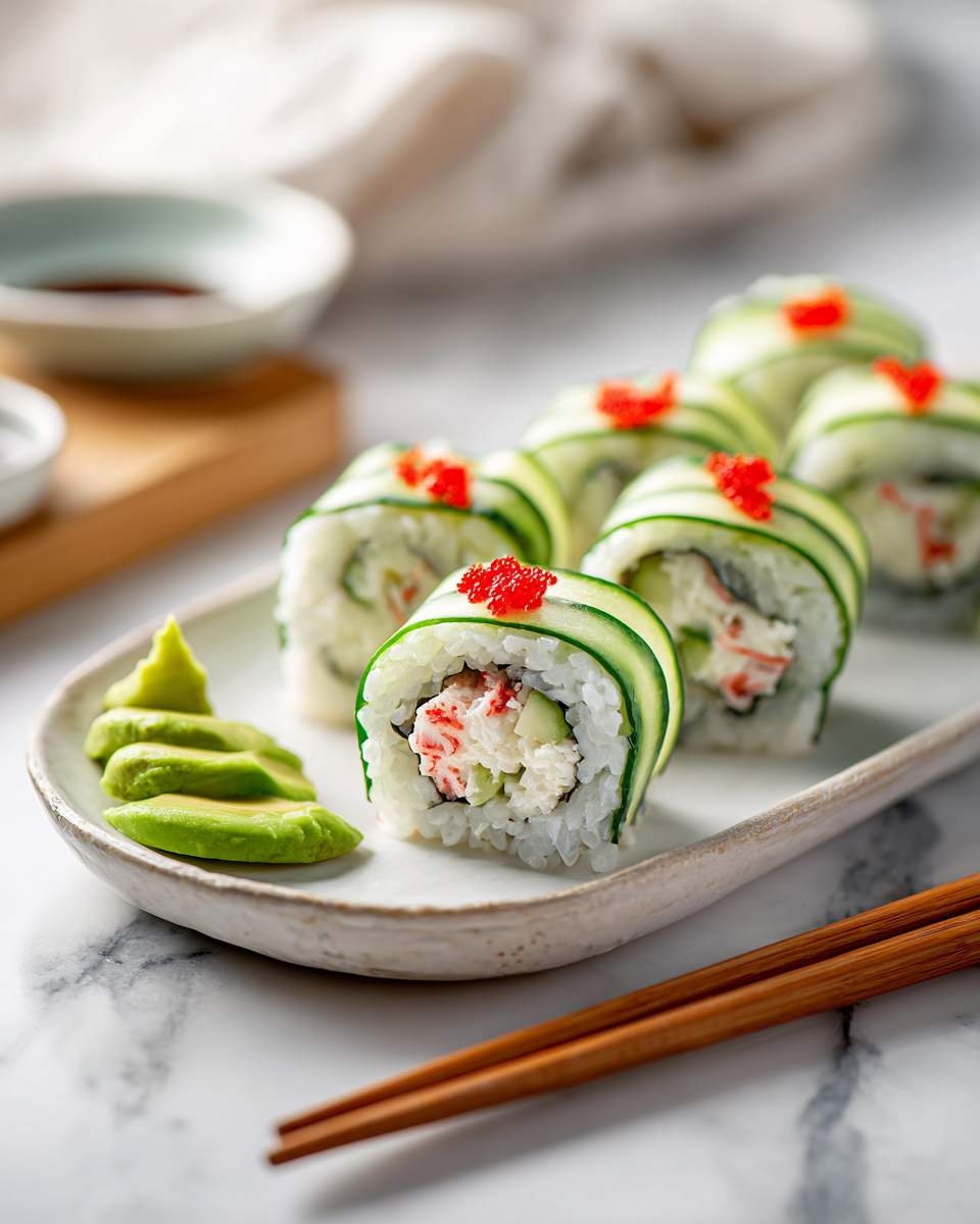 Homemade Sushi Rolls with Cucumber, Crab, and Avocado