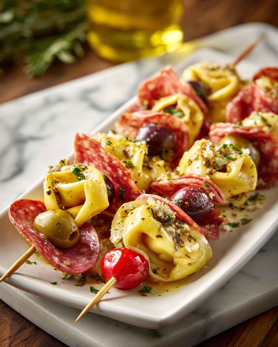 Marinated Antipasto Skewers with Tortellini and Cured Meats