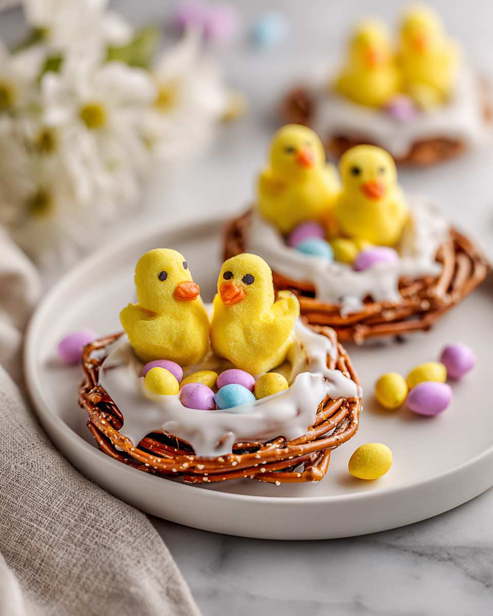 Melted White Chocolate Pretzel Nests with Candy Eggs and Chicks