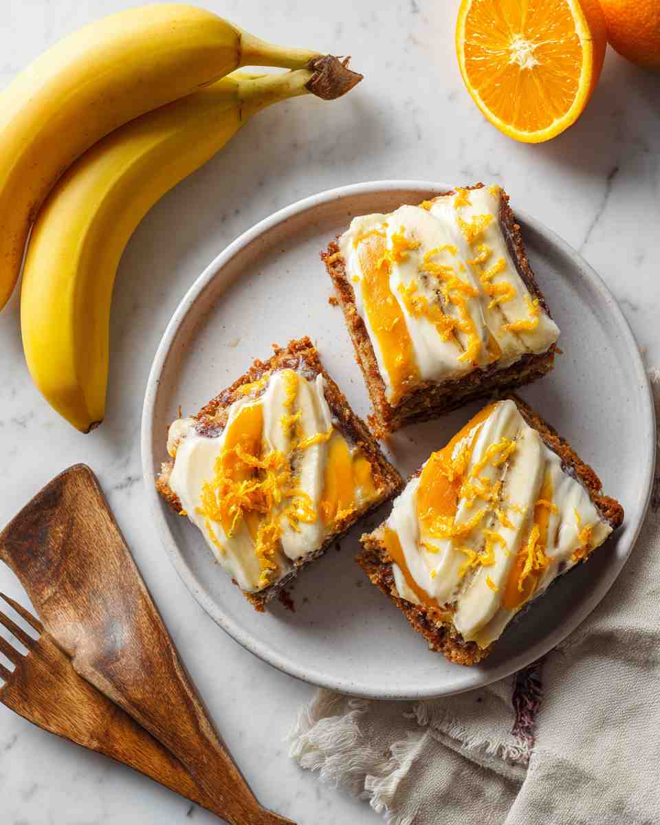 Moist Banana Bread Bars with Zesty Orange Buttercream Frosting