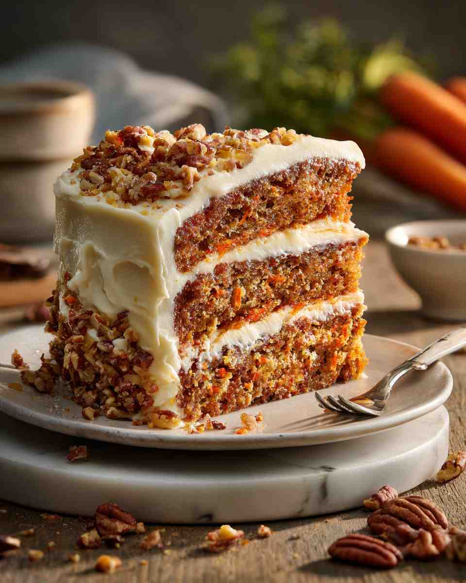 Moist Spiced Carrot Cake with Creamy Pecan Frosting