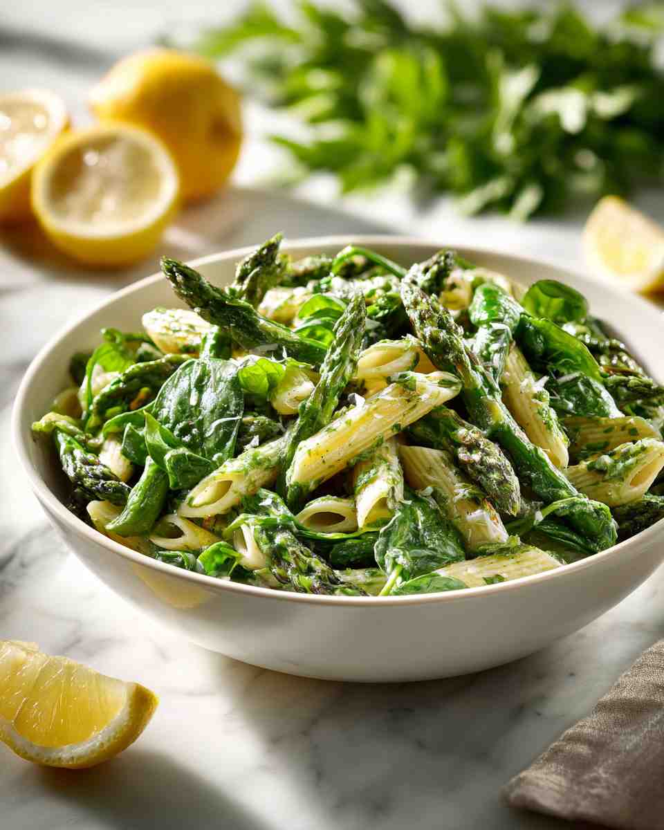 Roasted Asparagus and Spinach Penne Pasta Salad