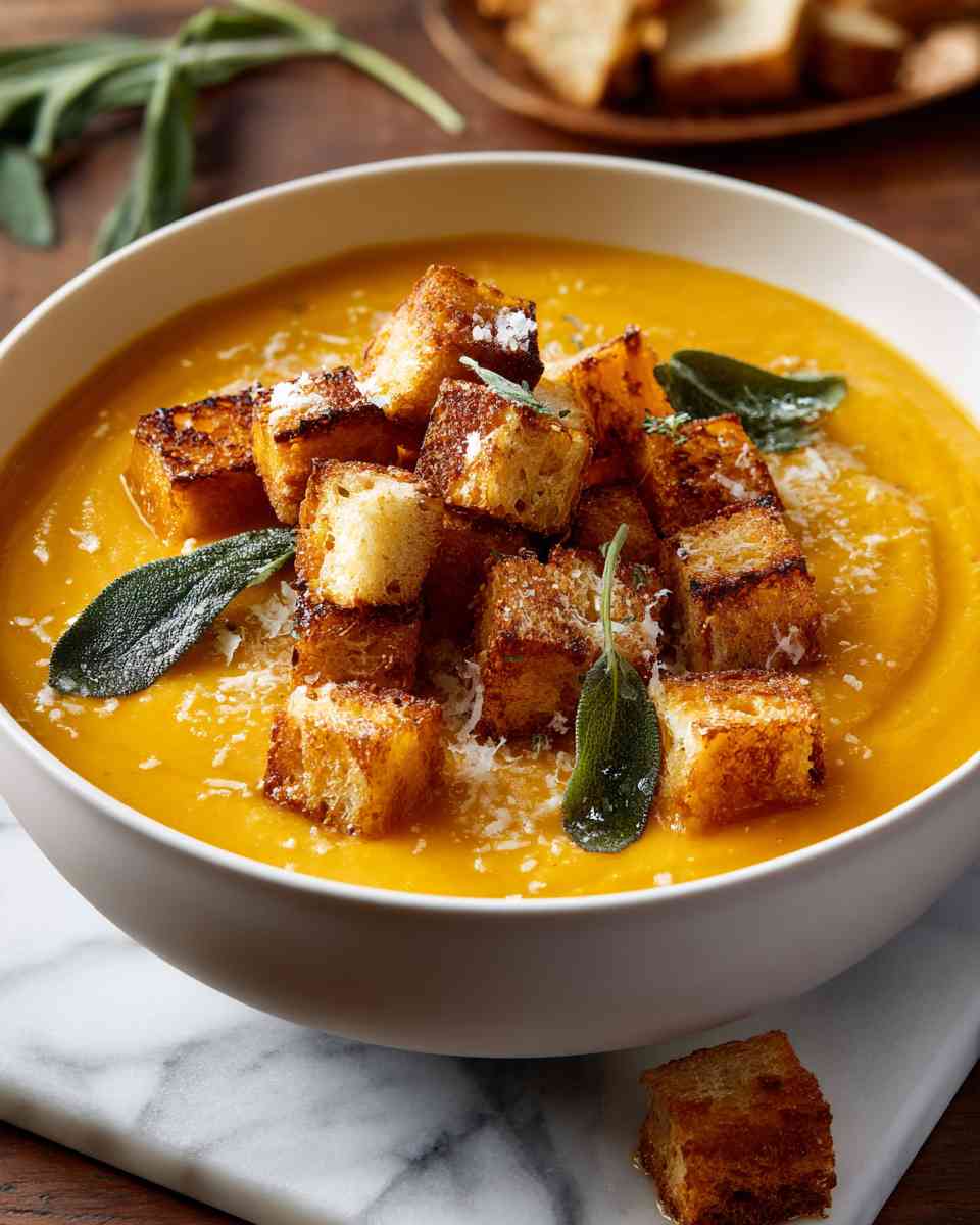 Roasted Butternut Squash Soup with Crispy Parmesan Croutons