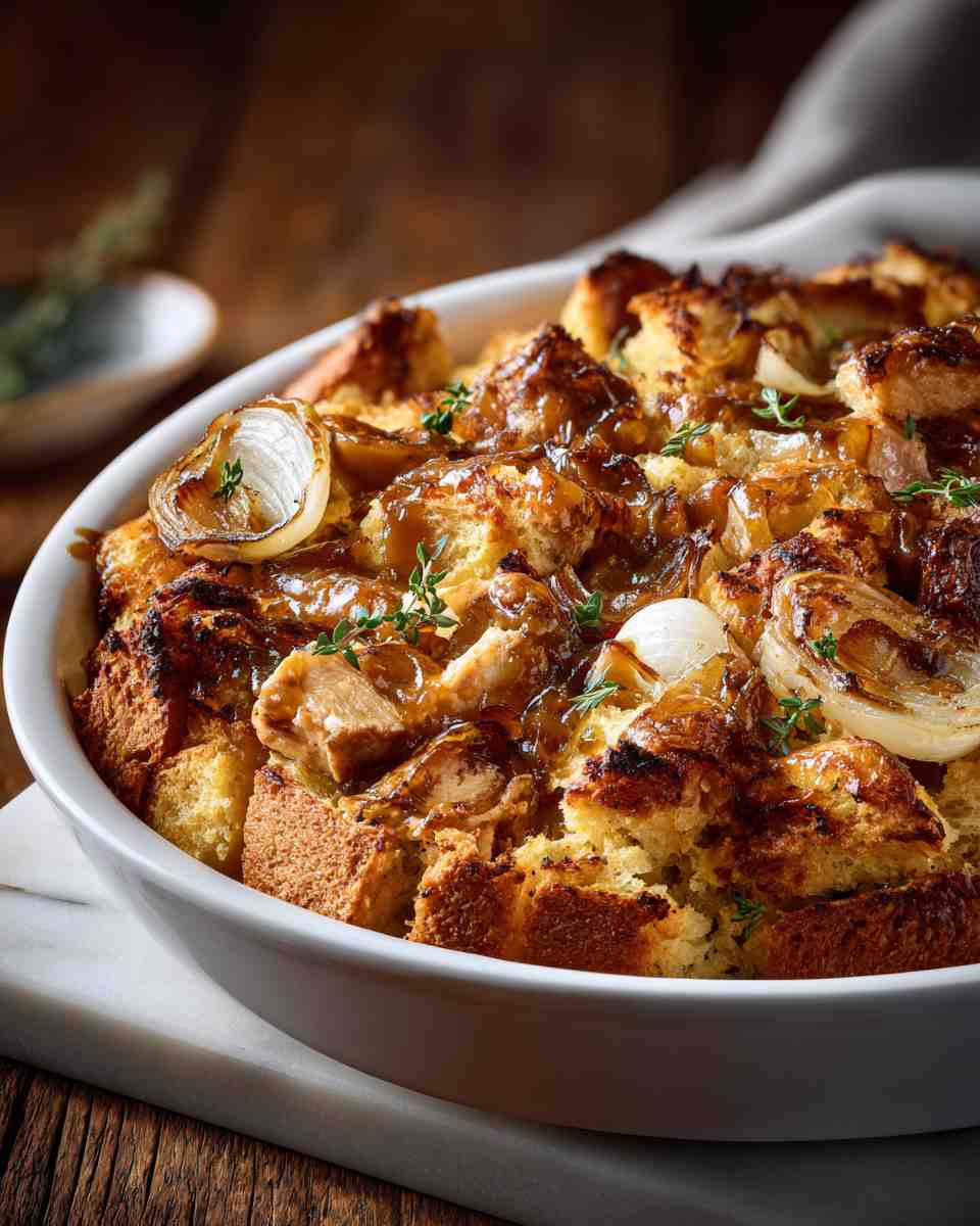 Savory Baked BBQ Chicken and Apple Bread Pudding